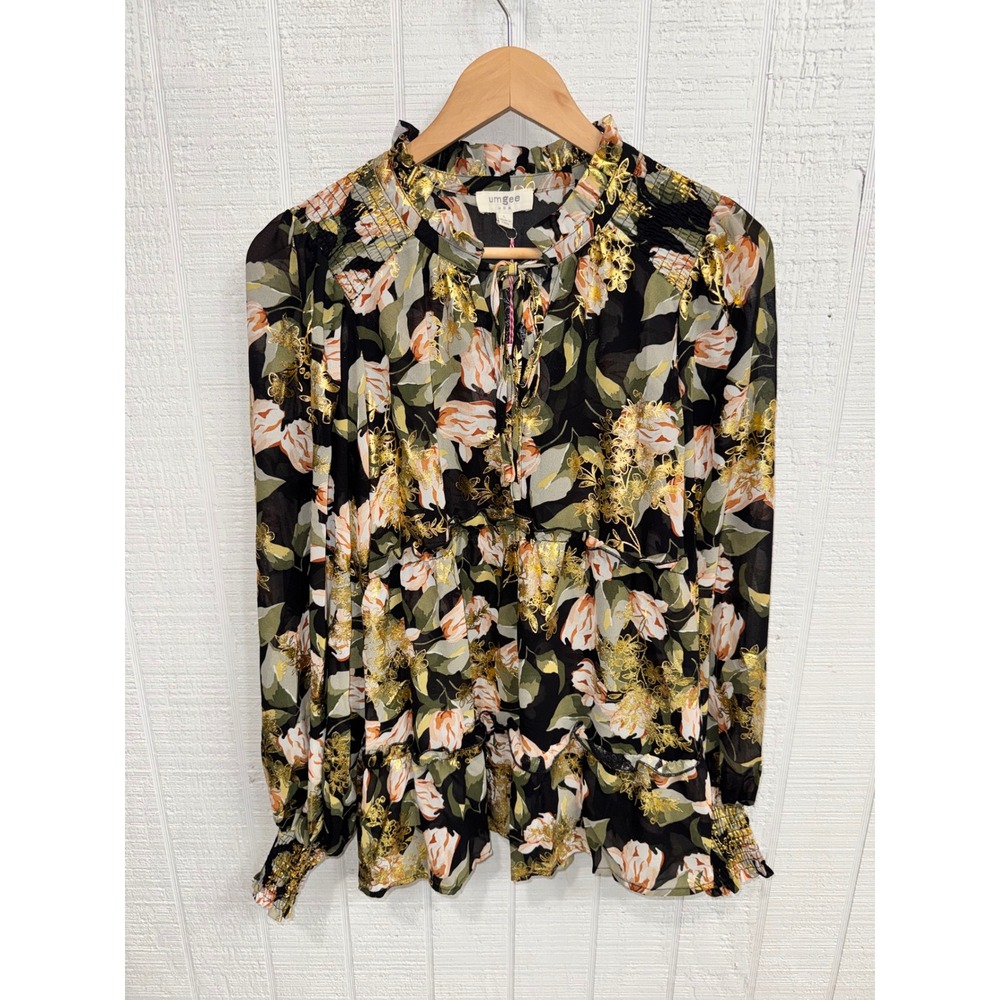 Umgee Blouse Women Large Black Floral Gold Metallic Smocked Tiered R0696 L